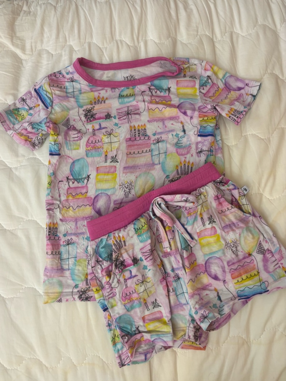 Birdie Bean Girls Pink Party Cake & Balloon Birthday Short Pajama Set 3T